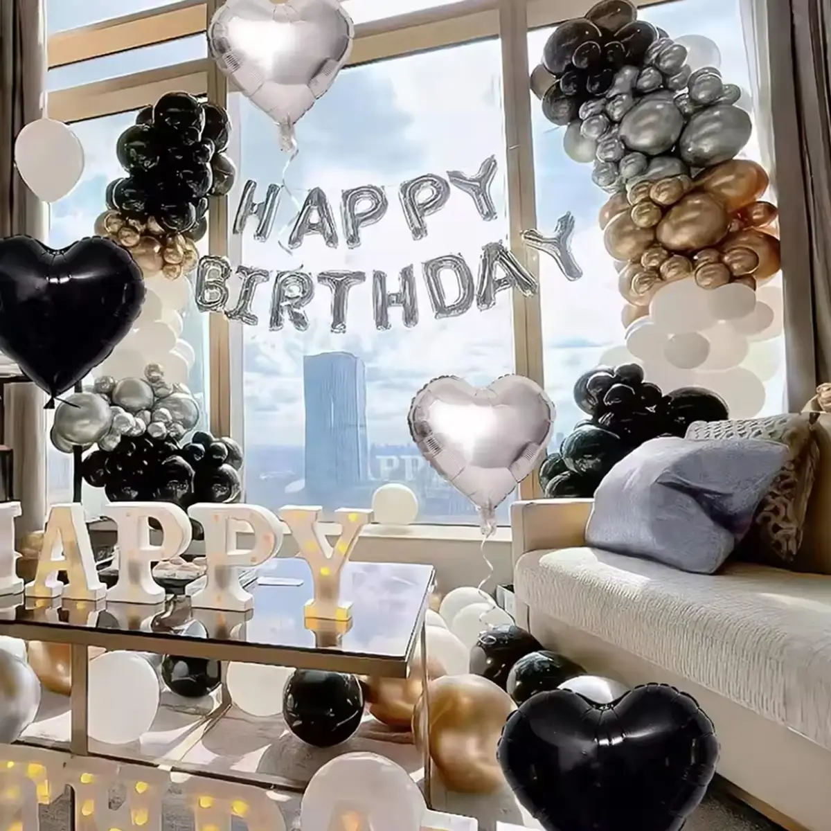 30/54pcs black and white balloons, silver banner b