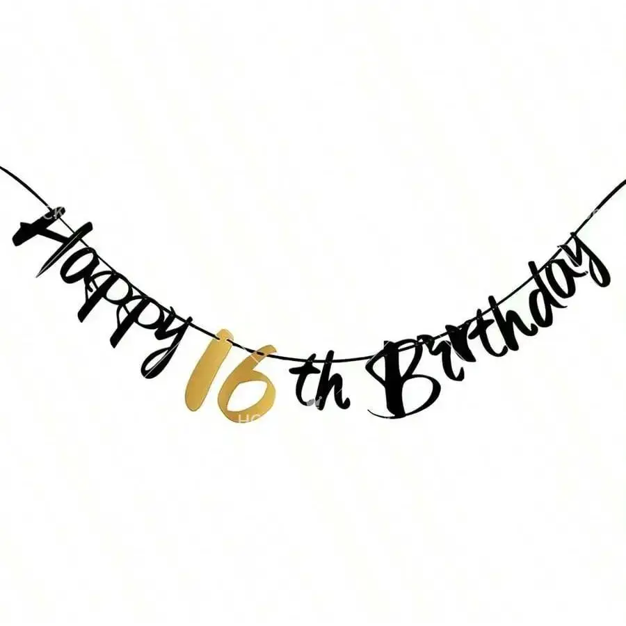 Happy Birthday Banner  Black Gold Glitter Number 1
