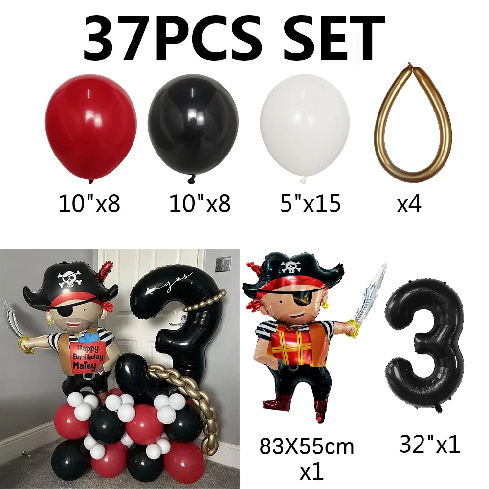 37Pcs Pirate Ship Balloons Set with 30inch 0-9 Num