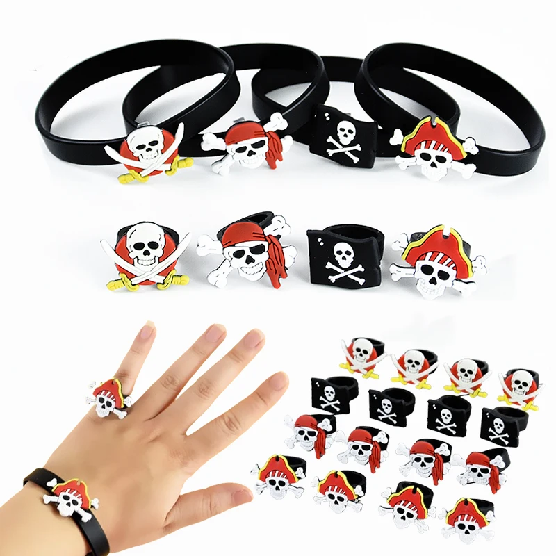 4/8Pcs Pirate Bracelets Rubber Wristband Skull Rin