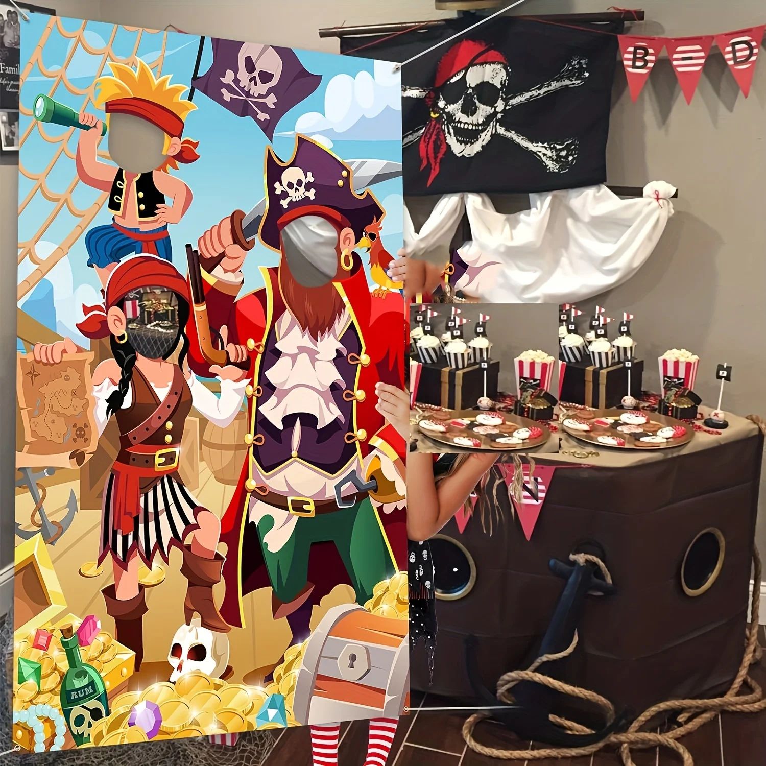 Interactive pirate-themed party photo prop backgro