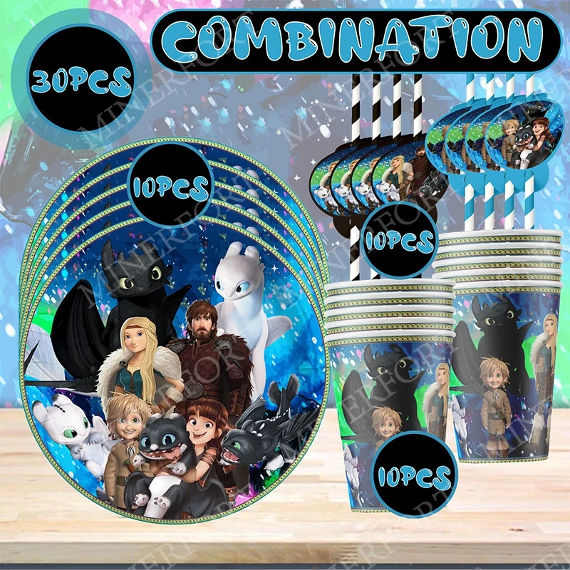 Cartoon Dragon Trainer Themed Paper Cup Plate Stra