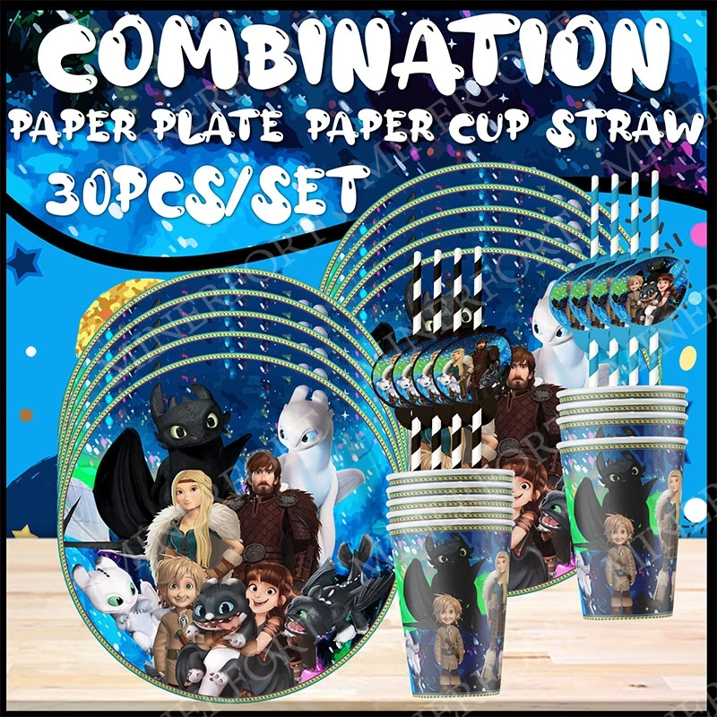 Cartoon Dragon Trainer Themed Paper Cup Plate Stra