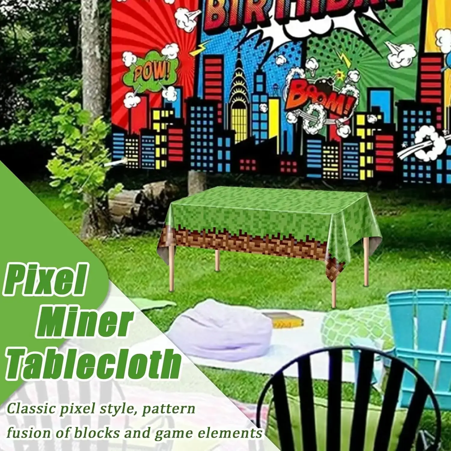 3 Pcs Pixel Miner Tablecloth, Game Themed Birthday