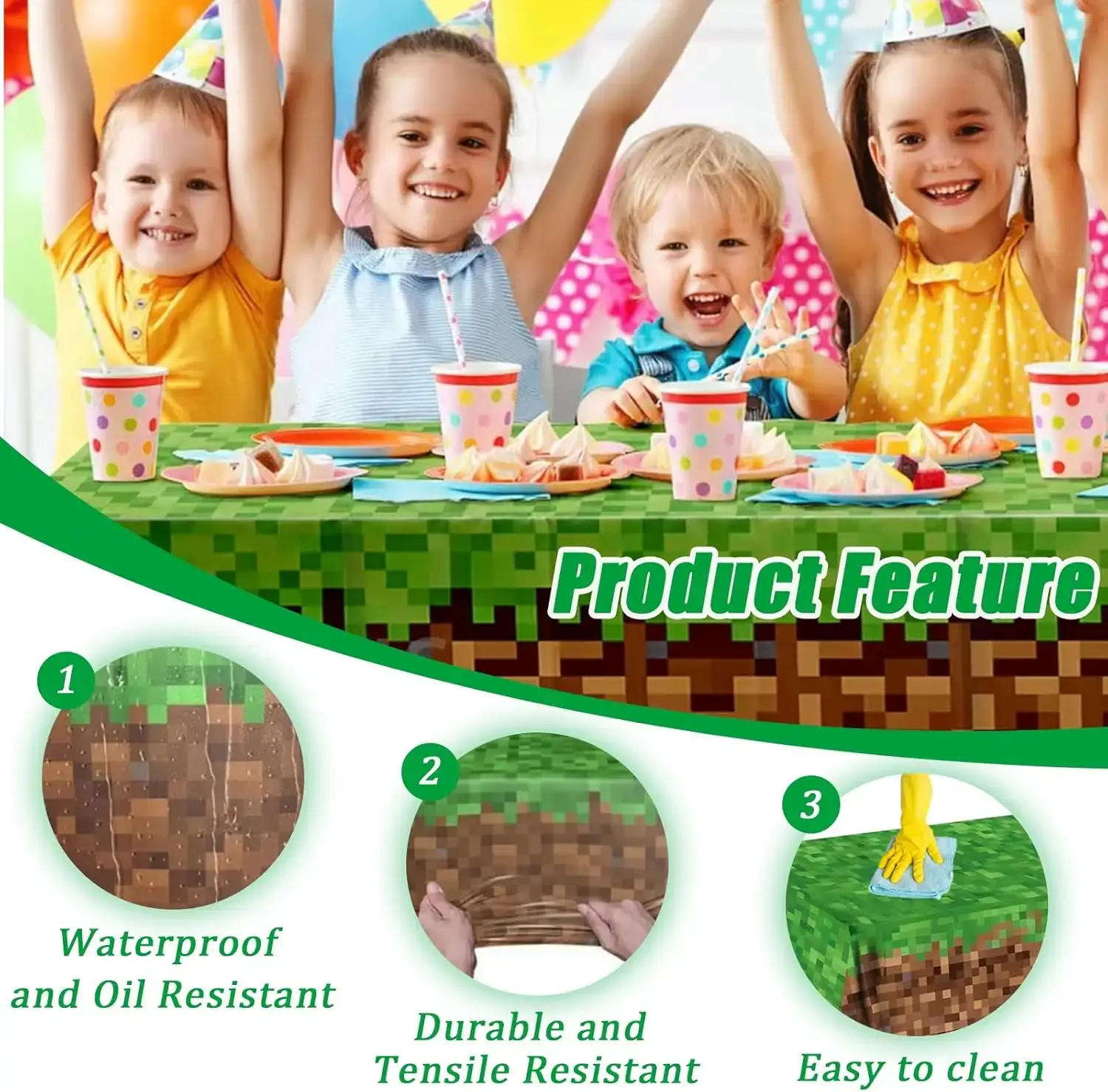 3 Pcs Pixel Miner Tablecloth, Game Themed Birthday