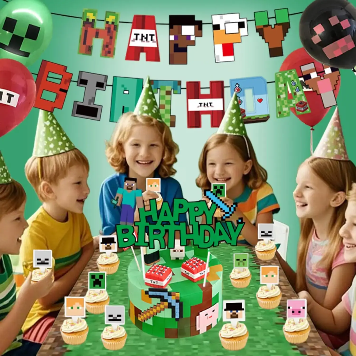 3 Pcs Pixel Miner Tablecloth, Game Themed Birthday